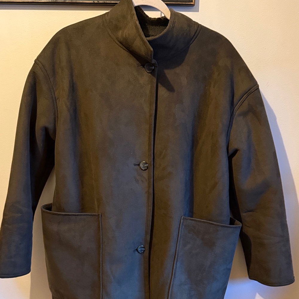 SPANX Dark Olive Suede Jacket with Sherpa Lining